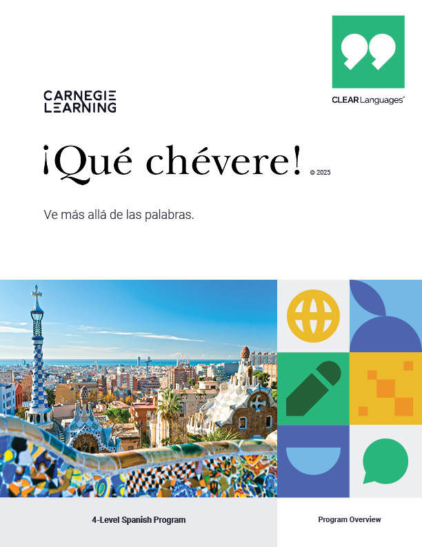 Cover of the ¡Qué chévere! Spanish program overview brochure. Features a vibrant cityscape with colorful architecture and geometric shapes, including a globe and microphone icon. Text reads Ve más allá de las palabras and 4-Level Spanish Program.