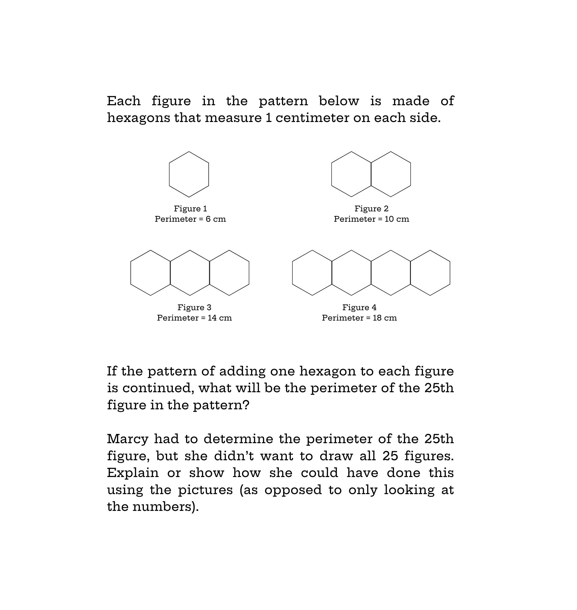 A pattern of hexagon figures, starting with one hexagon, increases by one hexagon per figure. The question asks to find the perimeter of the 25th figure without just calculating numerically.