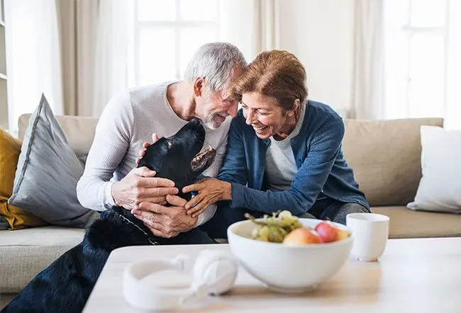 A smiling senior couple cuddling with their dog
