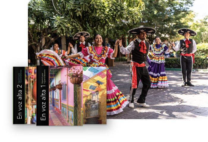 A group of dancers in traditional Mexican attire perform outside on a sunny day. In the foreground, two colorful book covers with the title *En voz alta* and ¡Qué chévere! Spanish textbook are displayed, adding a touch of vibrant literary charm to the lively scene.