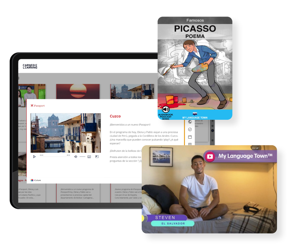 A laptop screen displays a webpage with a scenic image and text. Overlayed are two cards: one depicts a person painting labeled Picasso Poema, while the other shows Steven sitting on a bed, labeled El Salvador and My Language Town—capturing moments from the ¡Qué chévere! Spanish textbook.