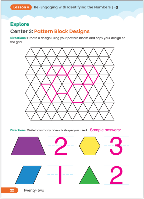 A worksheet for kindergarten math centers shows how to differentiate counting and writing the numbers 1 through 3. At this math learning center students count pattern blocks, make patterns, and copy the patterns.