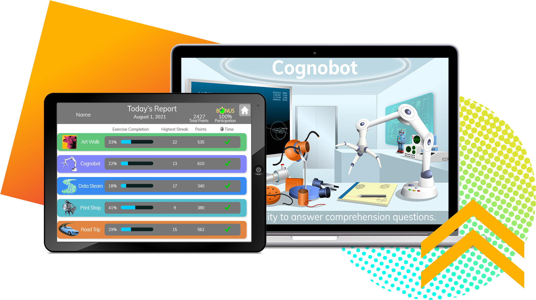 Stills from Fast ForWord reading and language program: Cognobot splash page with equipment in a lab on one tablet and a Today's Report student view with five progress trackers on another tablet with an orange gradient square behind both