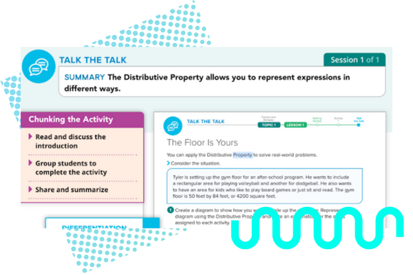 Image from MATHbook showing student activity Talk the Talk, where students use the distributive property to solve real-world problems.