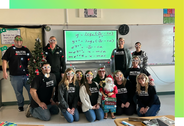 Math teachers at Indian River School District, Delaware, wearing matching InΠire t-shirts and Christmas lights