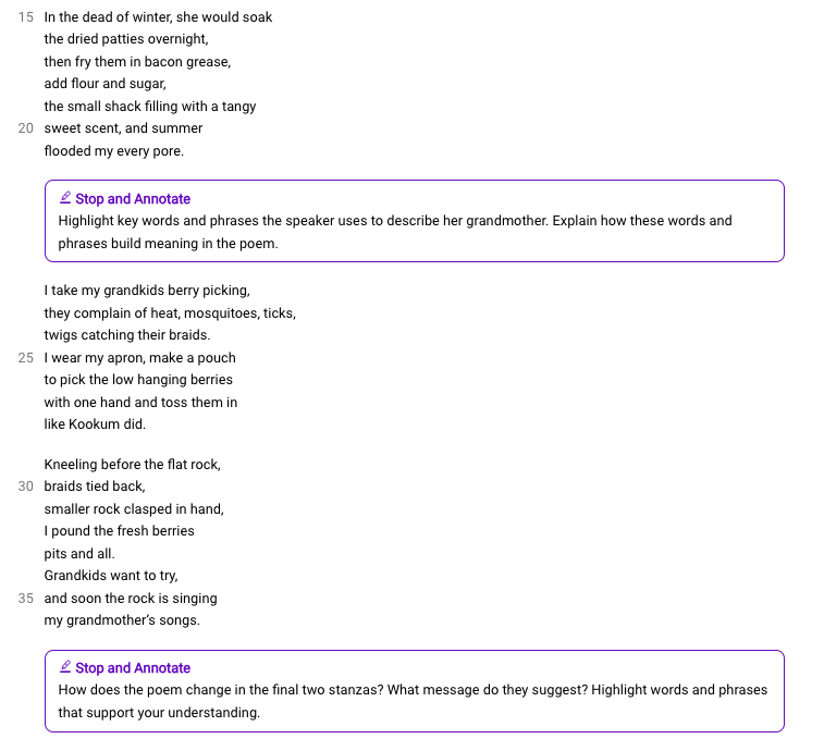 Page 2 of an excerpt from the 6th grade Lenses on Literature curriculum, showcasing the and embedded learning stop