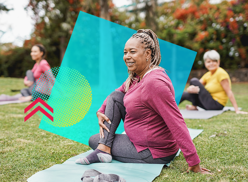 Teacher practicing yoga | smiling in a park | Carnegie Learning